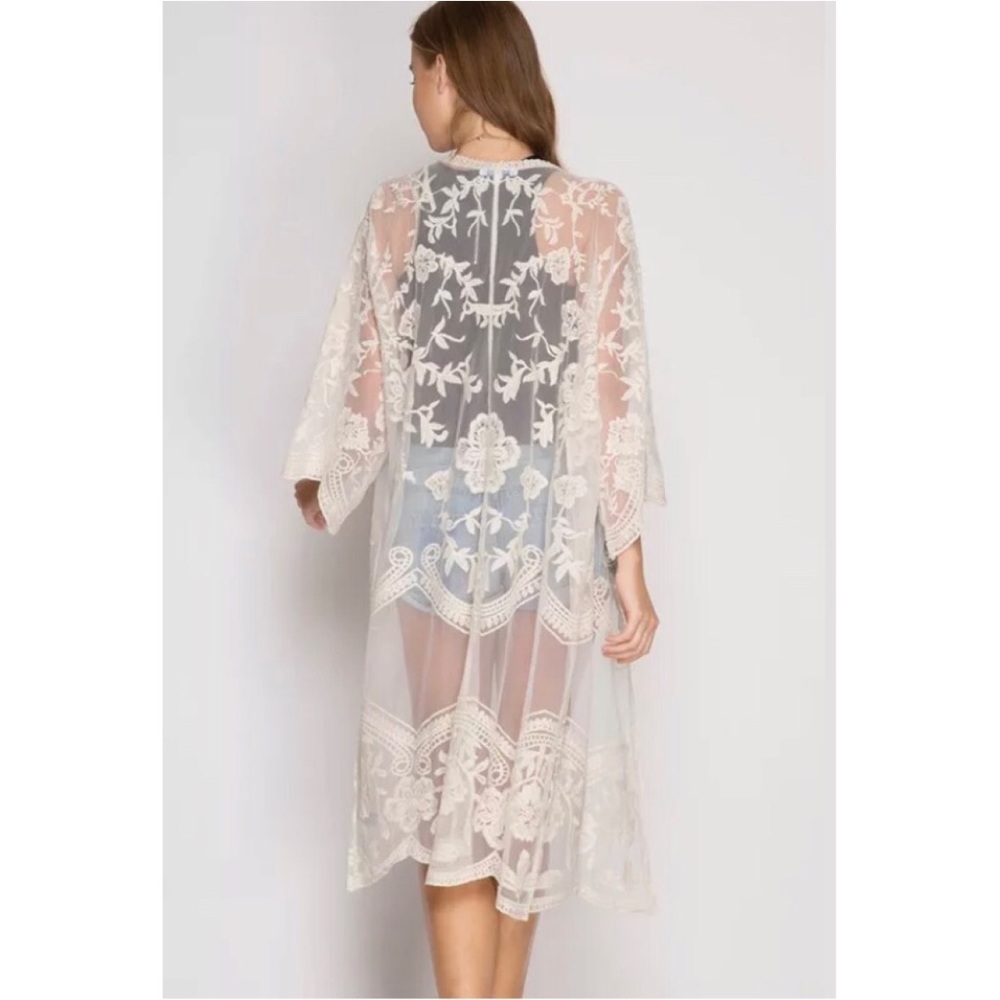 She + Sky Crochet Lace Midi Duster Kimono - Black - Picture 7 of 8